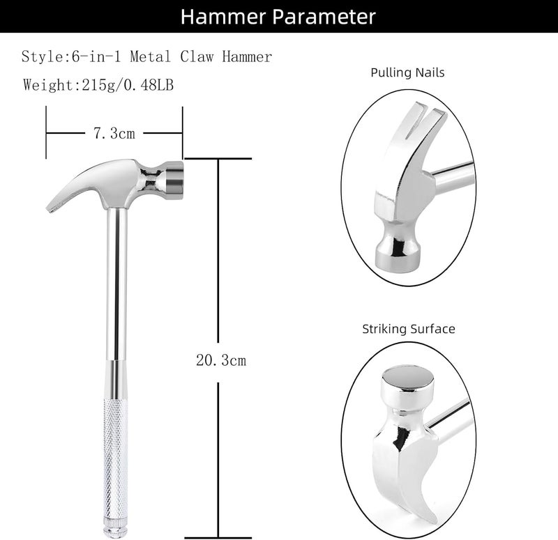 Kinobo Mini Metal Hammer 6 in 1 with Slotted/Flat Head Phillips Screwdriver Claw Hammer Manual, Portable Multifunction Tool Hammer (Silver) - Image 2